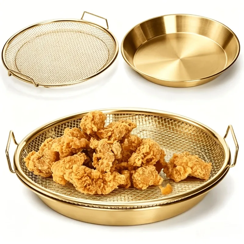 Gold Heavy Duty Deep Fryer Rack Tray Mesh Basket Oil Filter Pan Air Fryer Liner Oven Sheet Cutter Kitchen Accessories Tool