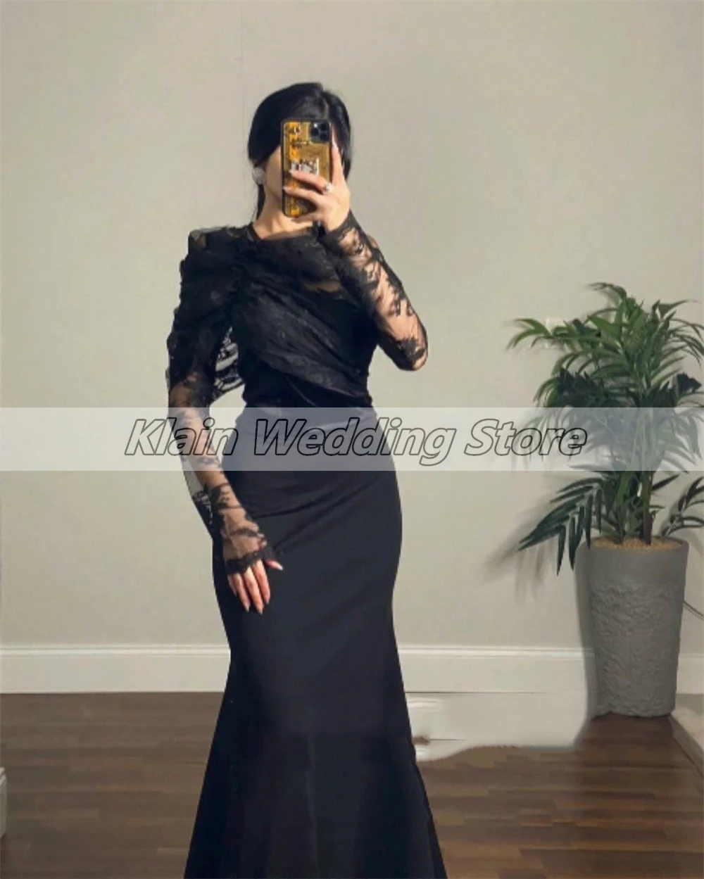 Vestido de fiesta negro con temperamento personalizado, vestido de sirena Sexy de encaje de manga larga, vestidos de noche plisados para mujer