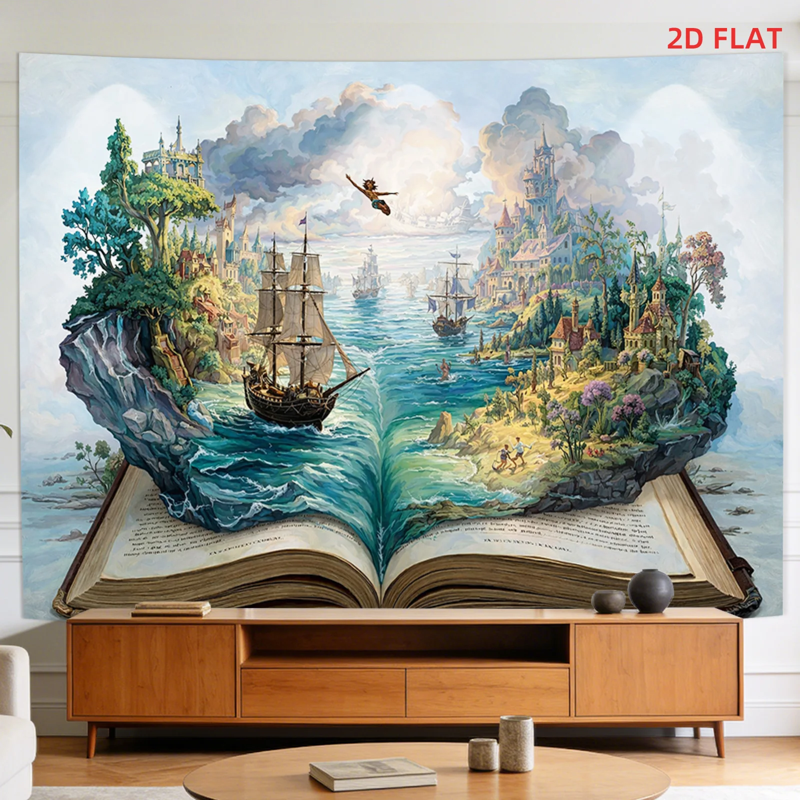 Grand Fantasy Tapestry Wall Hanging Decor Art Print Watercolor Style Magical Island Castle Ocean Scene Aesthetic Home Living Roo