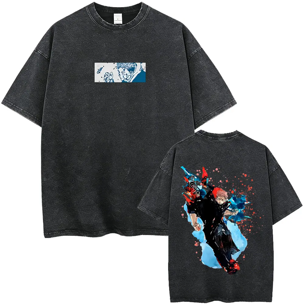 Gewaschenes Vintage Anime Jujutsu Kaisen Itadori Yuji T-Shirt für Männer und Frauen Lässiges Oversize-T-Shirt Manga Mode Trend Streetwear – Detail 4