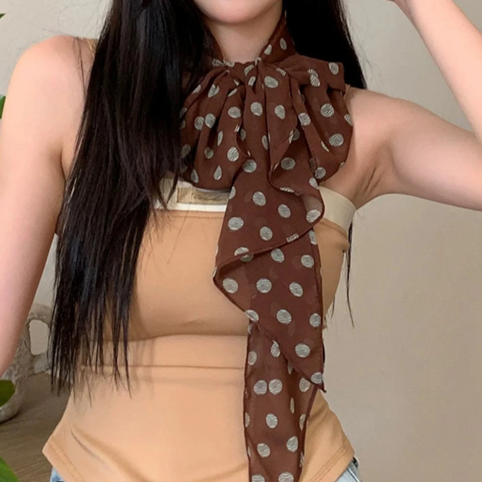 Vintage-Chiffon-Schal mit Polka-Dot-Muster für Damen, leichter, transparenter Halstuch, elegantes Modeaccessoire für den täglichen Gebrauch im Sommer und für Outfits – Detail 4