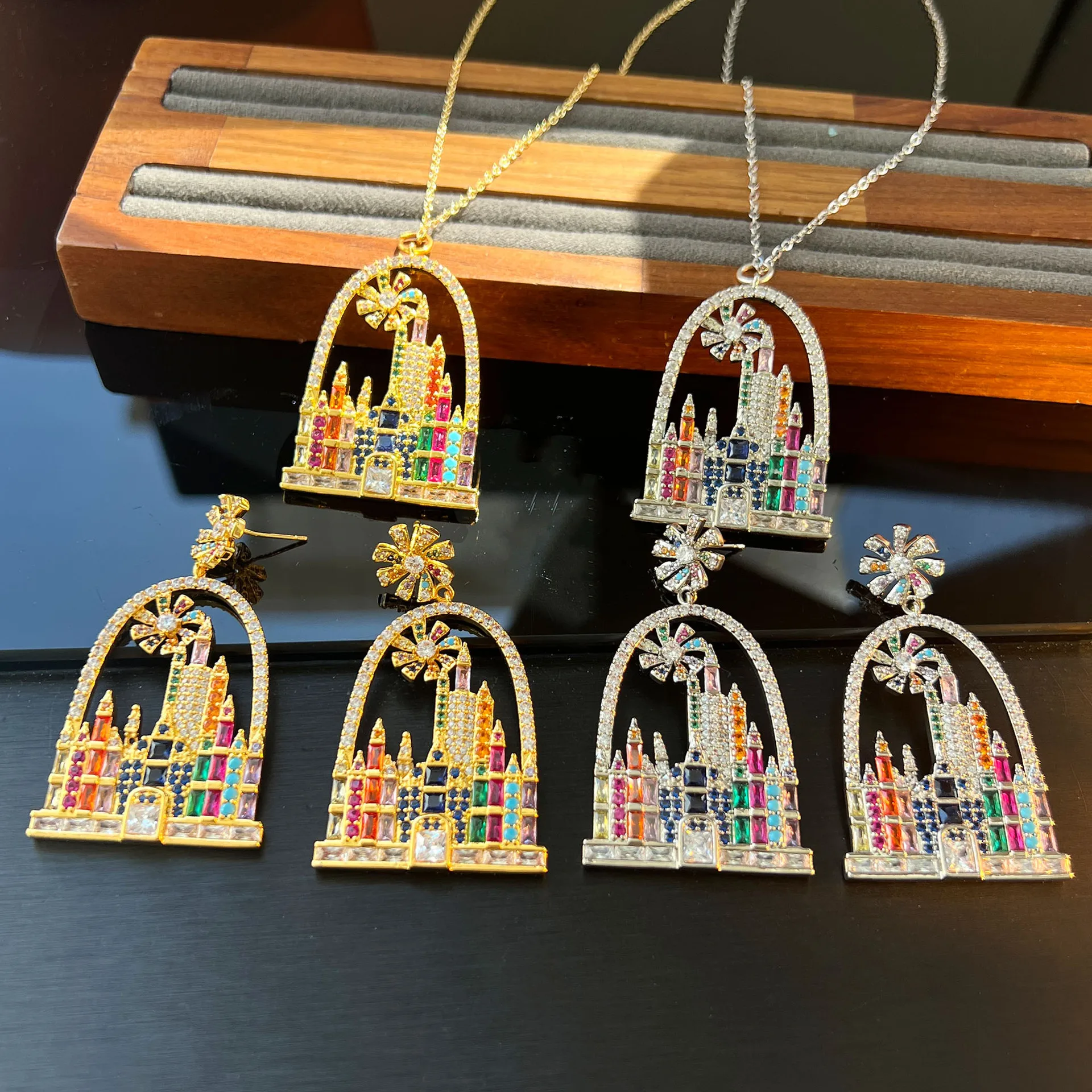 Iridescent Fairytale Castle Western Architecture Jewelry Set Heavy Craft Multi‑Color Gem Inlaid Zircon Elegant Women Necklace Ea
