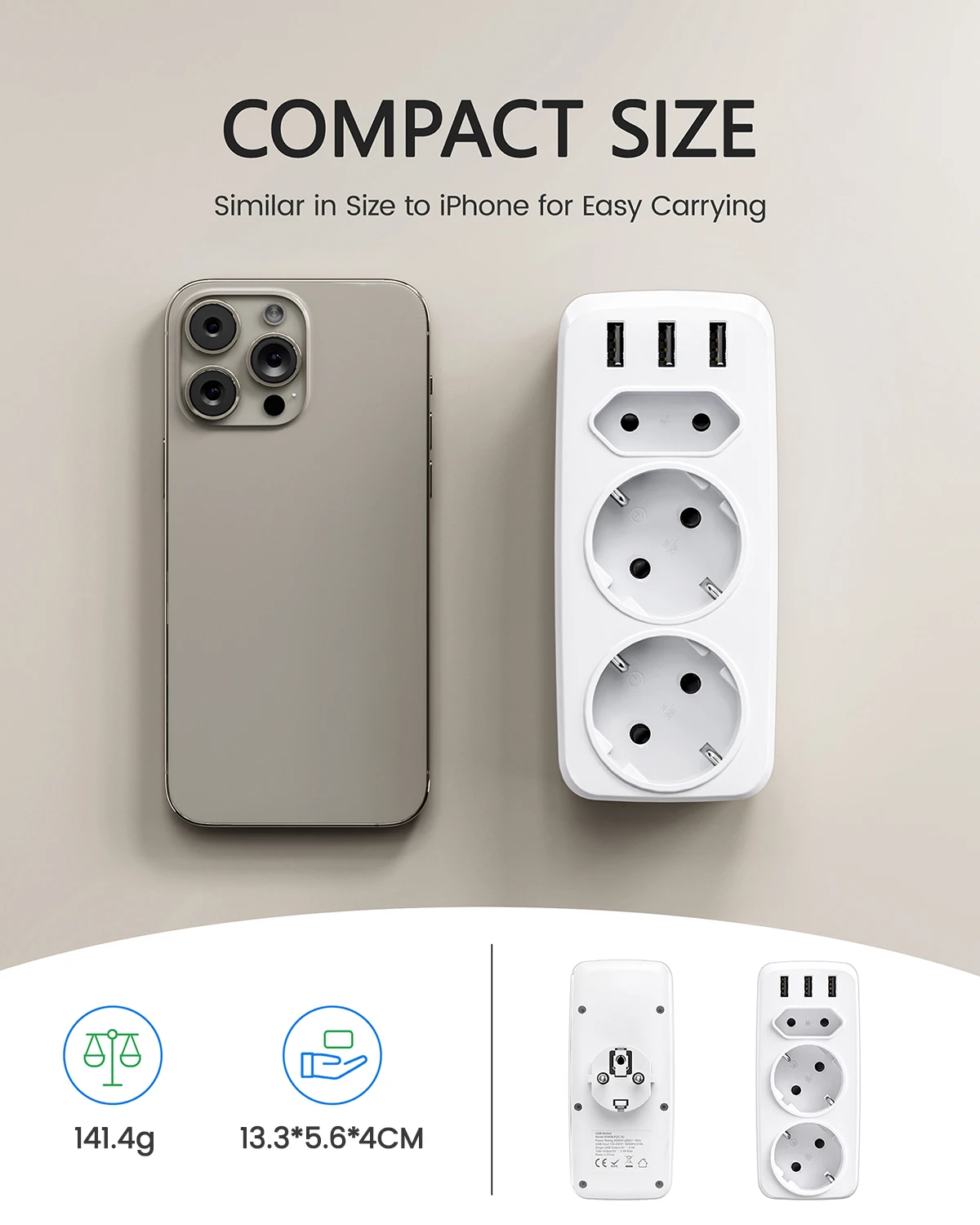 LENCENT EU Plug Multi Wall Socket Extender Power Strip with AC Outlets  USB Ports  Adapter Overload Protection for Home/Office