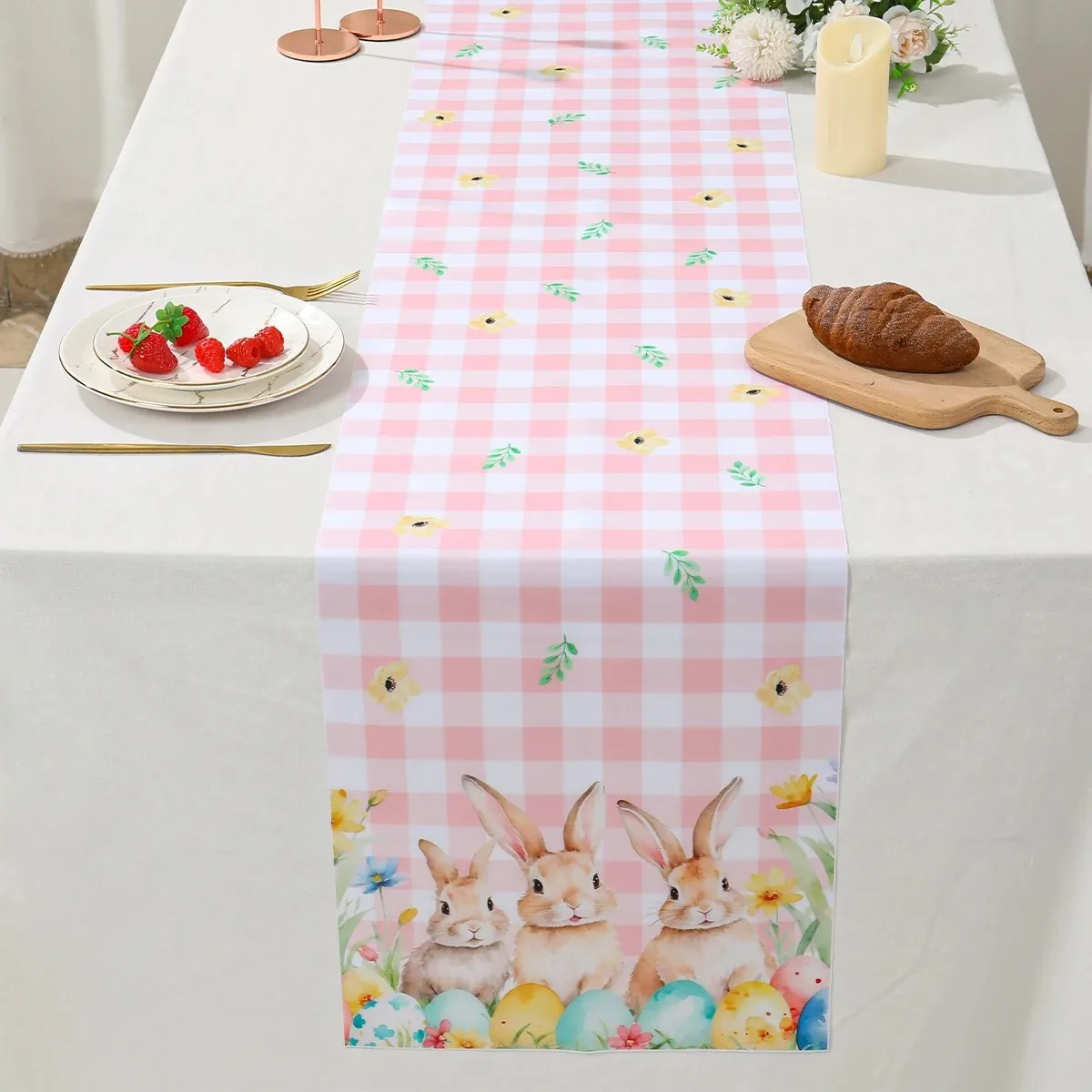 Easter Watercolor Rabbit Bunny Colorful Eggs Table Runner Party Decor Spring Farmhouse Kitchen Dining Table Runner Easter Decor
