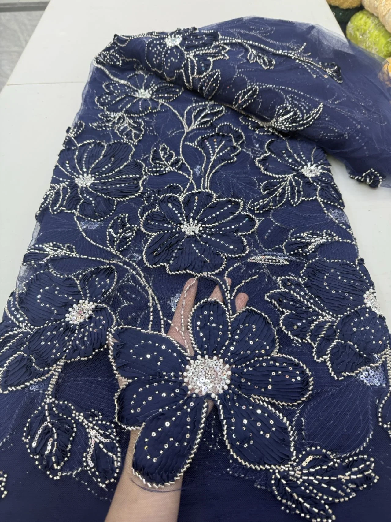 

2025 Latest High Quality African Nigerian With Tulle Sewing Lace Fabric Guipure Embroidery Dresses Sequins Beads 5Yards JY479
