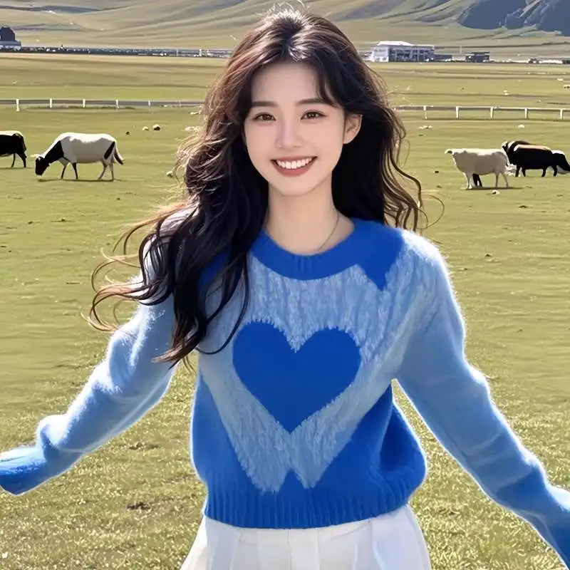 

Модный вязаный свитер с синим сердечком, утолщенный свитер, женская одежда, поздняя осень и ранняя зима, элитный топ в ленивом стиле M206