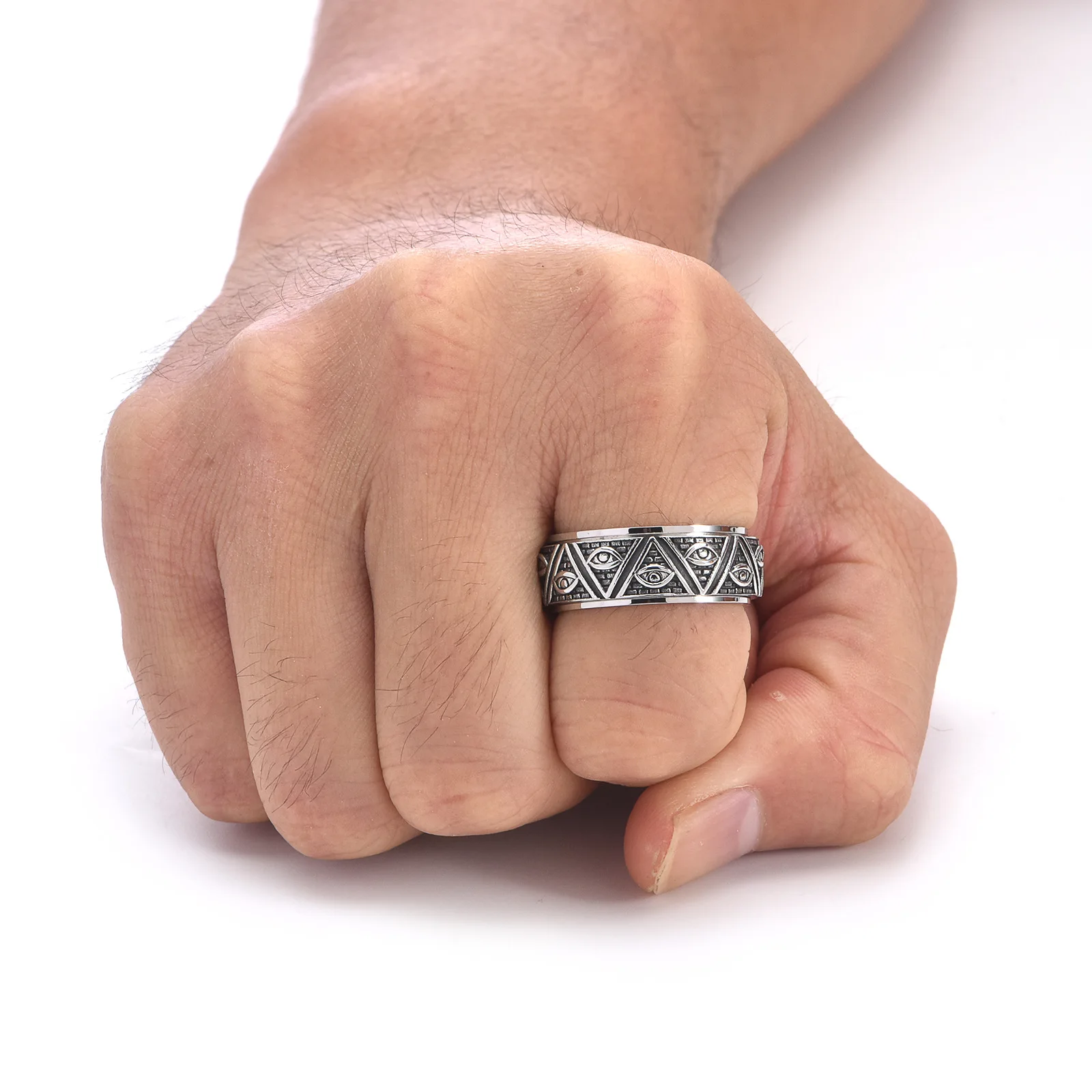 Retro Punk Men's Triangle Pyramid of God's Eye Ring Stainless Steel Ring Gold Plated Jewelry