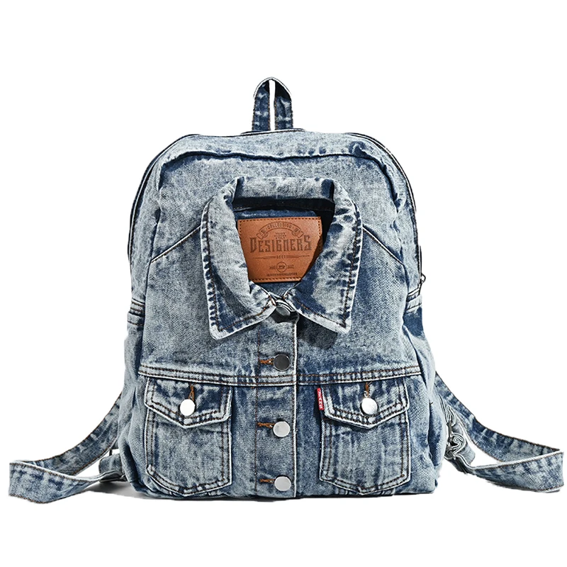 High-Capacity Backpack Cowboy Bag Fashionable Retro Washed Denim Jacket Backpack Trendy Versatile Personalized Creative Design