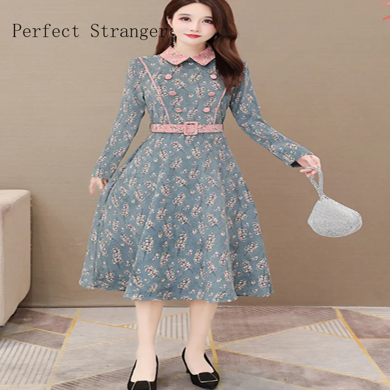 2022 Spring Autumn New Arrival High Quality  S-3XL Retro  Peter Pan Collar Bowknot Women Long Dress With Belt