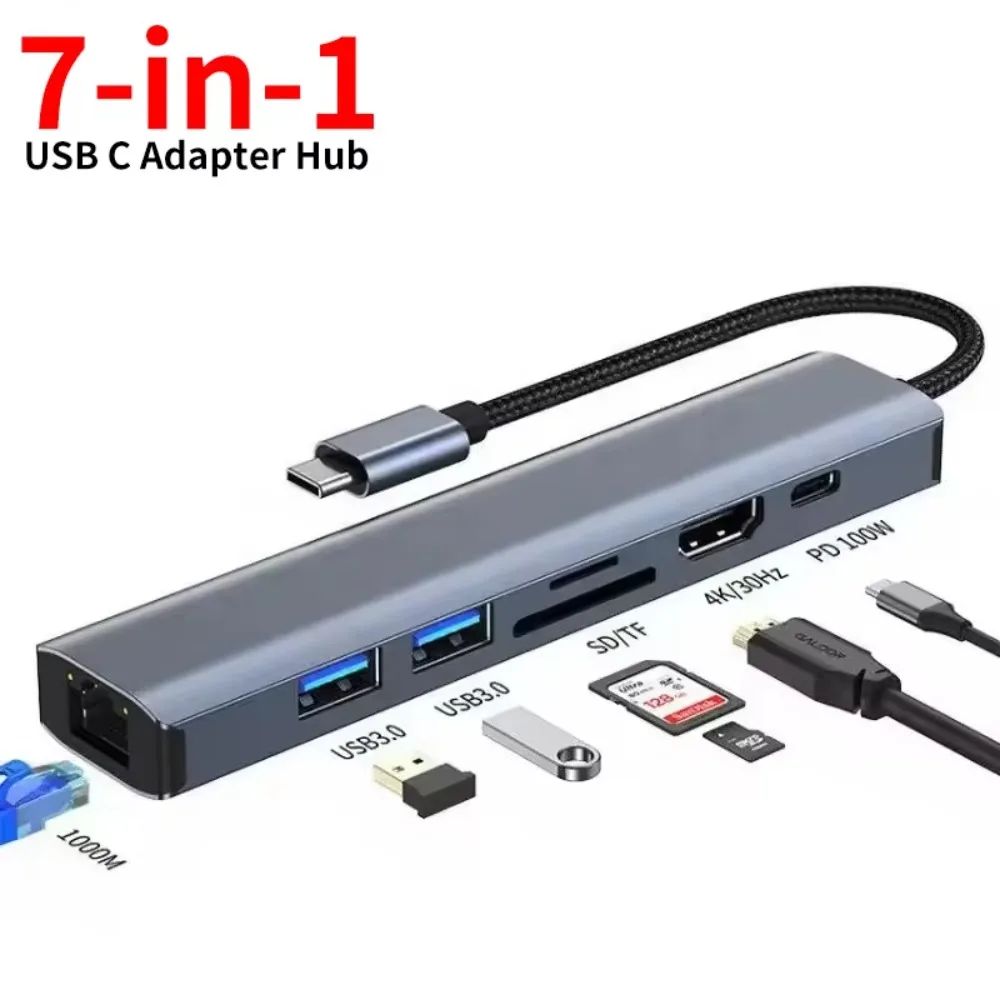 

7-in-1 USB C Hub Gigabit Ethernet RJ45 100W PD USB 3.0 4K HDMI-Compatible SD TF Card Reader Adapter For MacBook iPad Pro Samsung