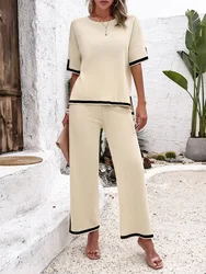 Conjunto de dos piezas para mujer, ropa informal de manga corta, pantalones de pierna ancha, conjuntos a juego, traje de punto, 2024