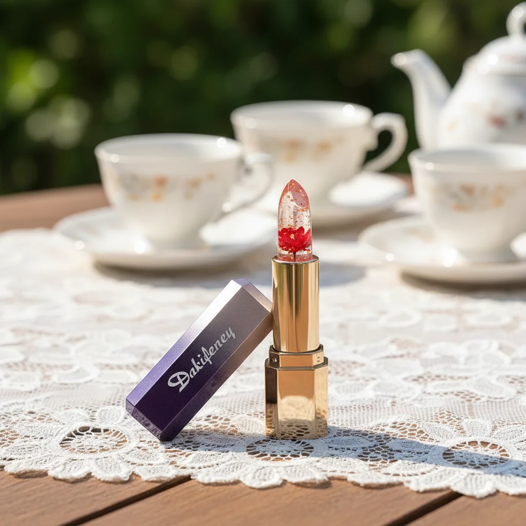 Batom Profissional que Muda de Cor com a Temperatura, Bálsamo Labial Transparente em Gel com Flor e Flocos Dourados, Cosmético Hidratante para Cuidado Labial