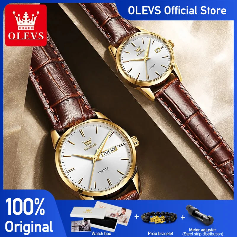 

OLEVS 6898 часы для пар, оригинальные модные простые водонепроницаемые светящиеся кварцевые часы с кожаным ремешком, наручные часы с датой, подарки для пары