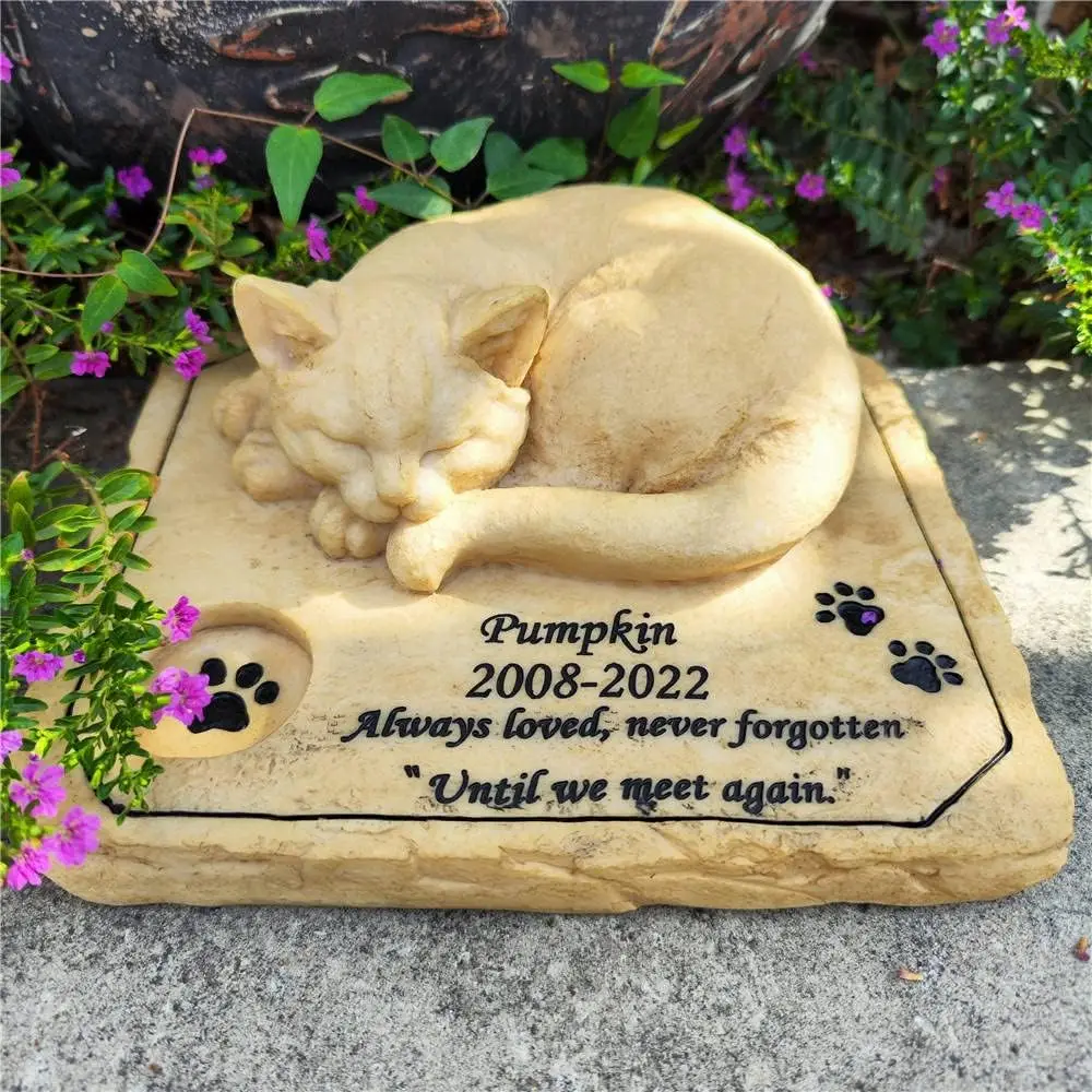 Cat Memorial Stones,Personalized Pet Memorial Stones Grave Markers with A Sleeping Kitten On The Top, 8"×6.5"×3"