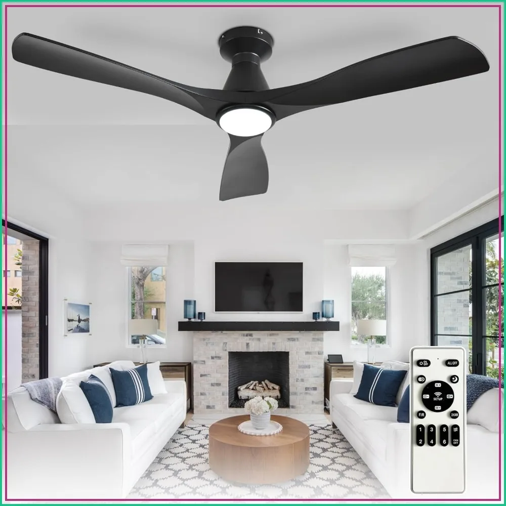 

52-Inch Low Profile Ceiling Fan with Lights, 3 Blade Flush Mount, Dimmable Remote Control, Ultra Quiet DC Motor for Bedroom Indoor Outdoor