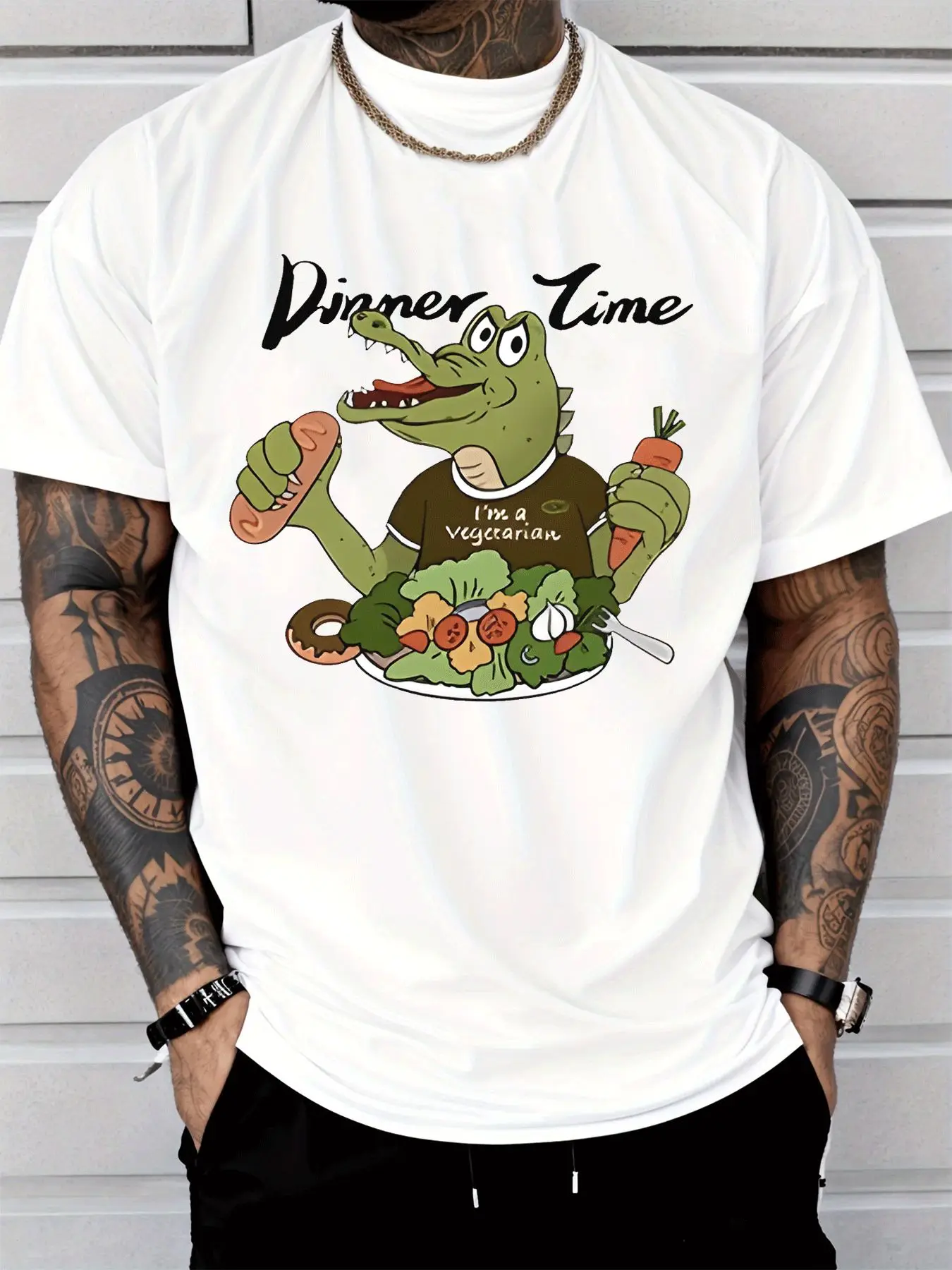 New Men Navy Crew Neck Tee Cartoon Vegetarian Crocodile Dinner Time Salad Carrot Sausage Funny Vegan Humor Casual Cotton Tops