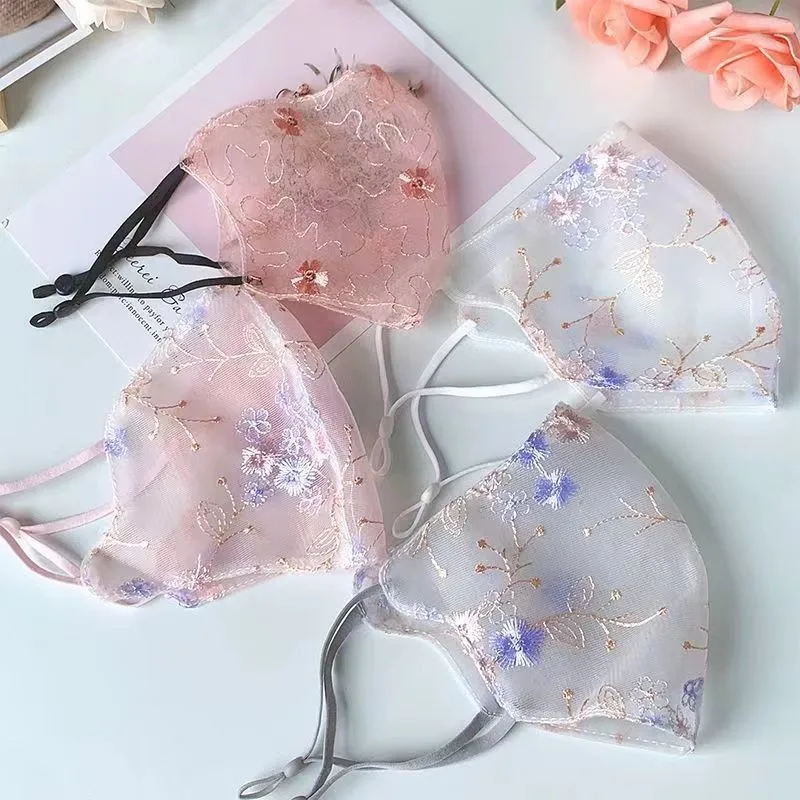 Embroidered Flower Face Mask, Adjustable Washable Breathable Modal Lace Printed Face Cover for Summer Daily Wear