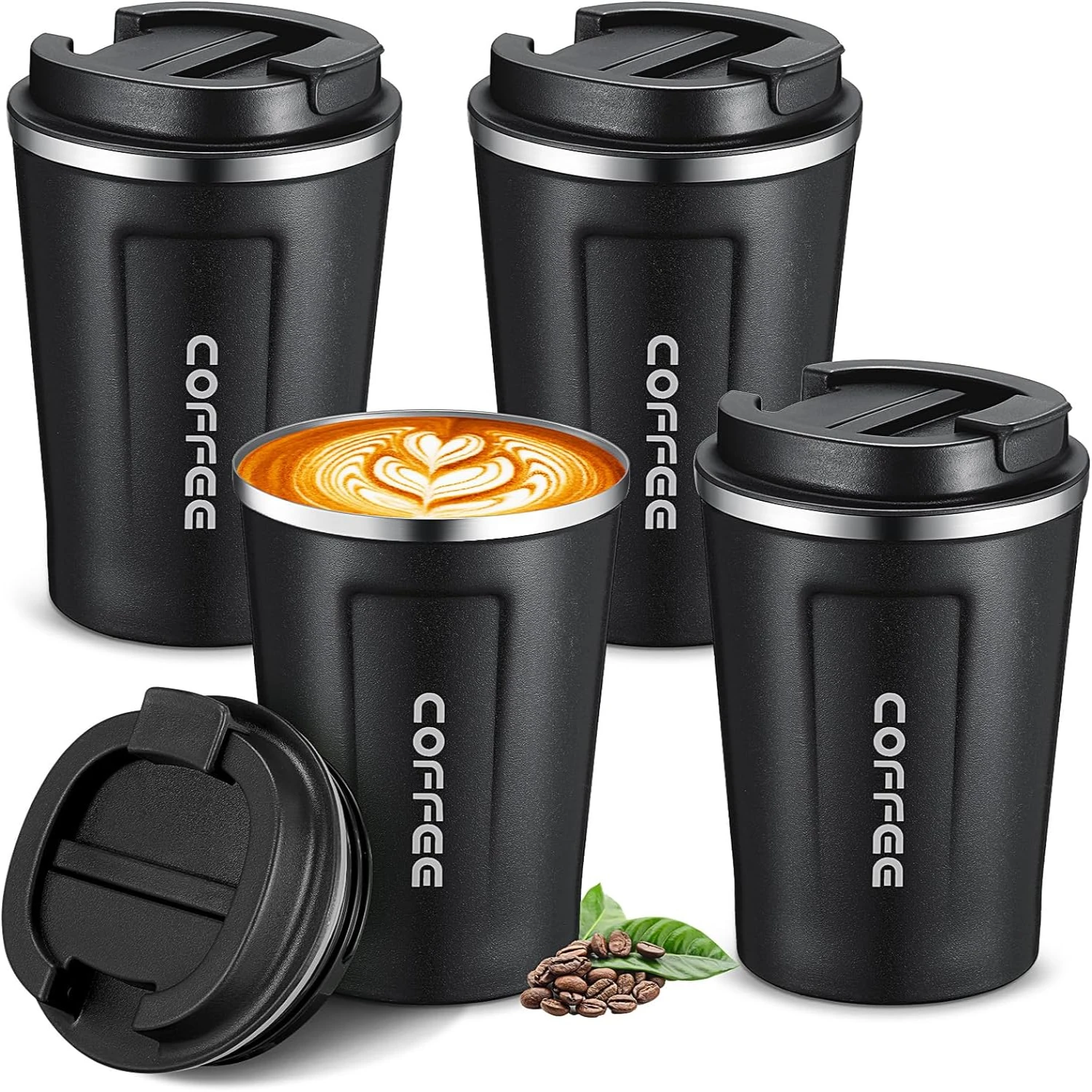 

Enjoy Your Drinks on the Go with this Set of 4 Contemporary Stylish Insulated Stainless Steel Coffee Travel Mugs. Featuring Leak