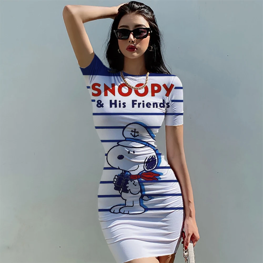 American Multi-color Tight Fitting Hip Wrap Dress with Pleats Fashionable European and American Slim Fit Dress for Women Snoopy