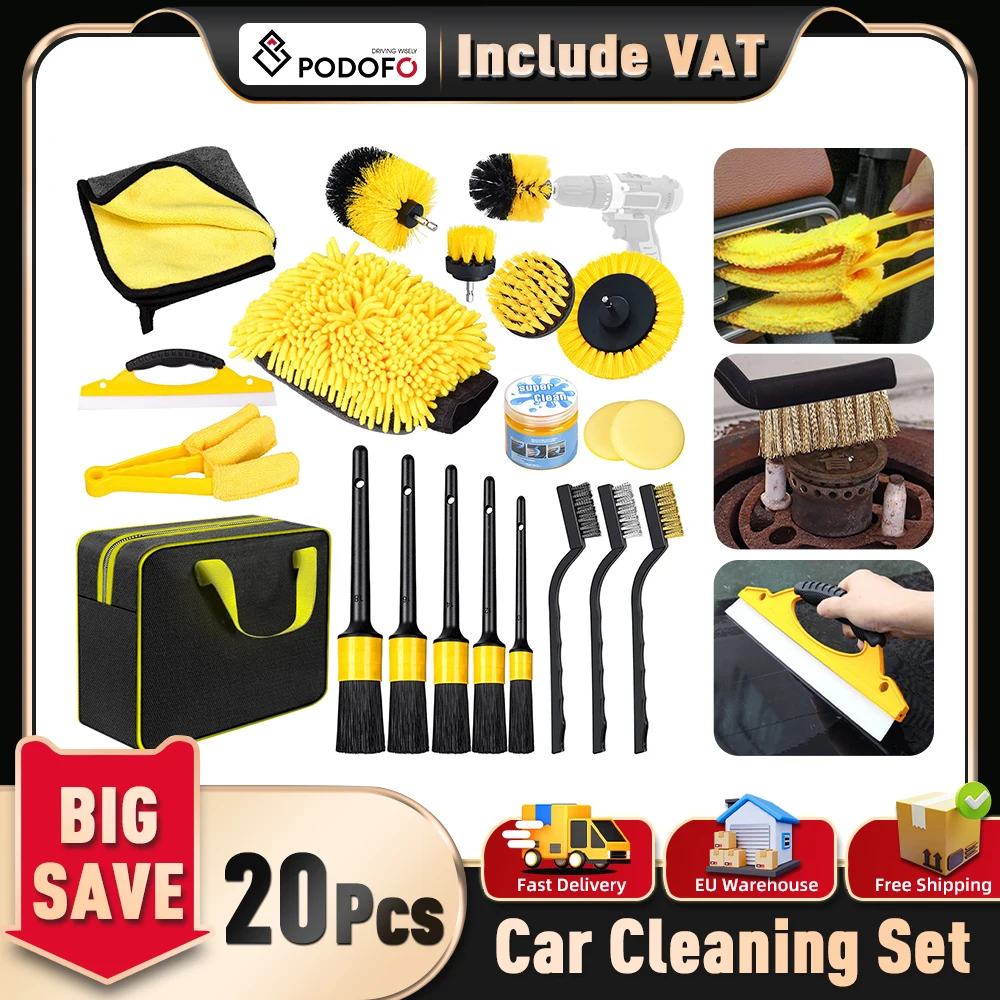 Podofo Kit de Nettoyage Voiture 20 Pièces – Embout de Perceuse Électrique avec Brosse de Nettoyage, Brosse à Givre, Accessoires Complet pour le Nettoyage, Gel Nettoyant pour Voiture, Sans Peluches