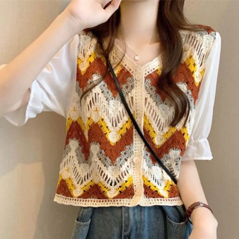 Boring Honey Summer Fashion Hollow-Out T-Shirt for Women V-Neck Single-Button All-Match Top Bright Color Beach Vacation Blouse