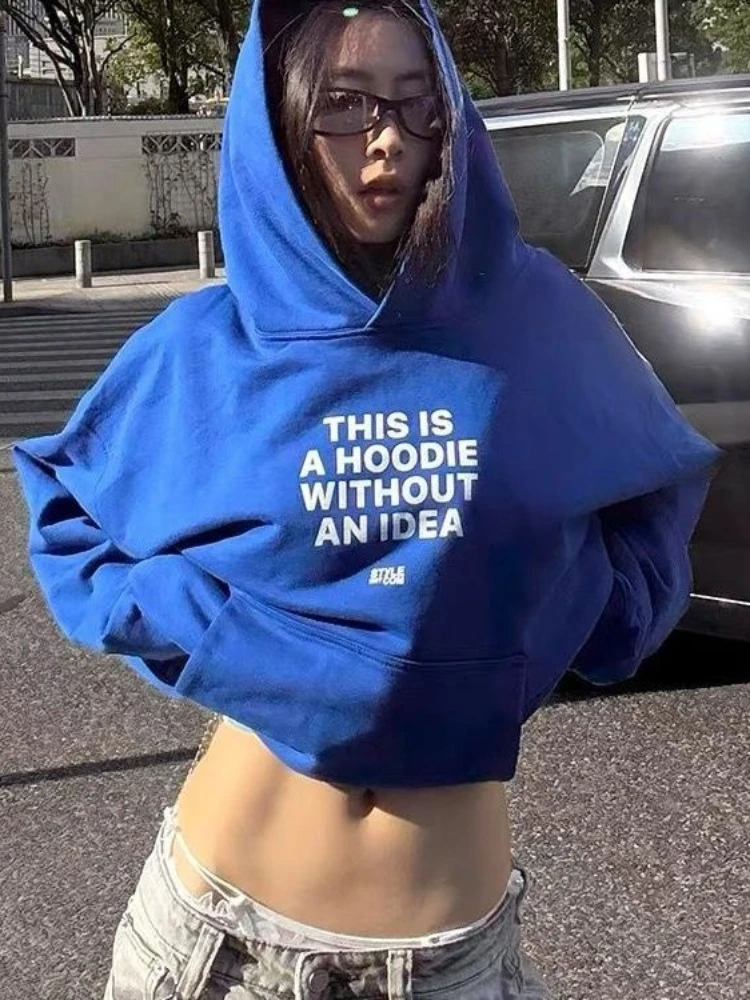 Krótki bluza z kapturem w kolorze królewskiego błękitu - Oversize, długi rękaw, nadruk z literami, styl casual streetwear, moda Y2K, bluza z kapturem, luźne topy na jesień