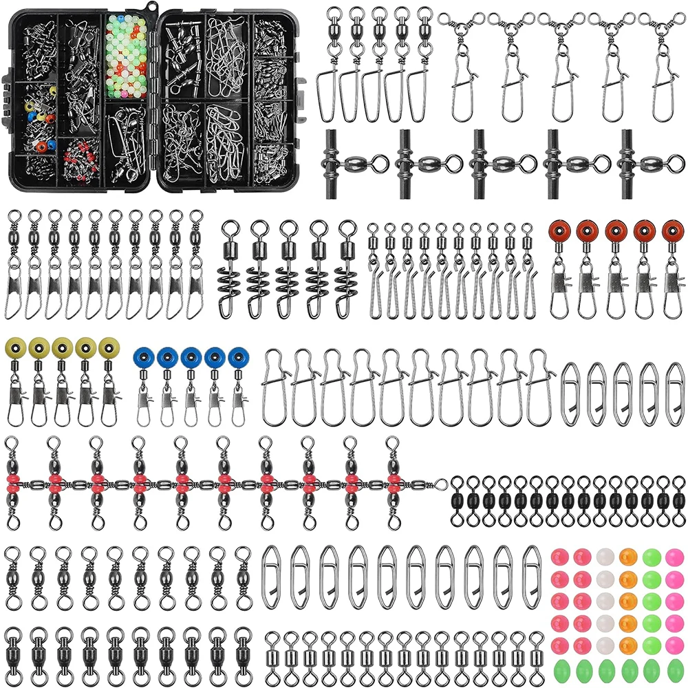 180Pcs Fishing Swivels Accessories Kit Barrel Swivels Ball Bearing Swivels Fishing Snap Swivels Sinker Slide Connector Tools