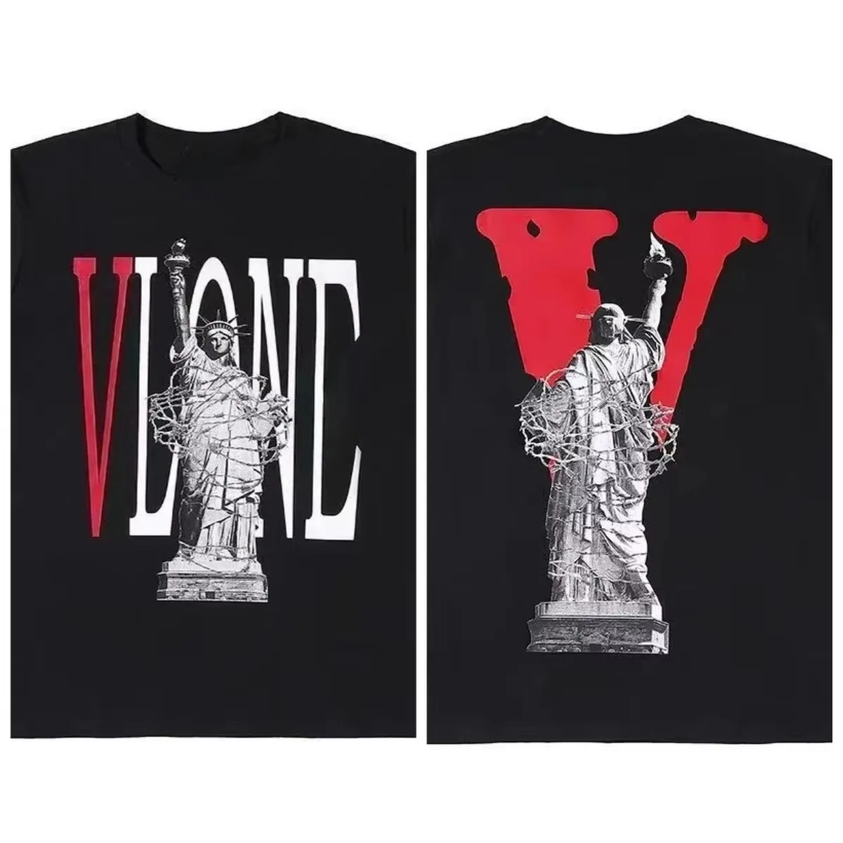 2026 new Men Crew Neck T Shirt Barbed Wire Statue Double Side Print Short Sleeve Black Tee