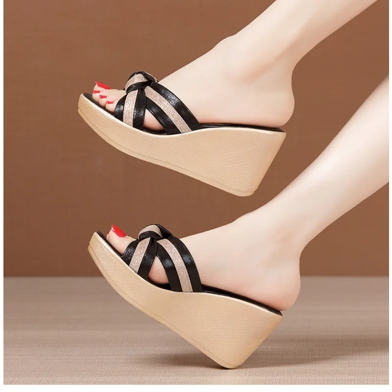 

8cm Comfortable Small Size 33-43 Bow Stripe Platform Wedges Slippers Women Shoes 2023 Summer High Heels Slides Outside Office