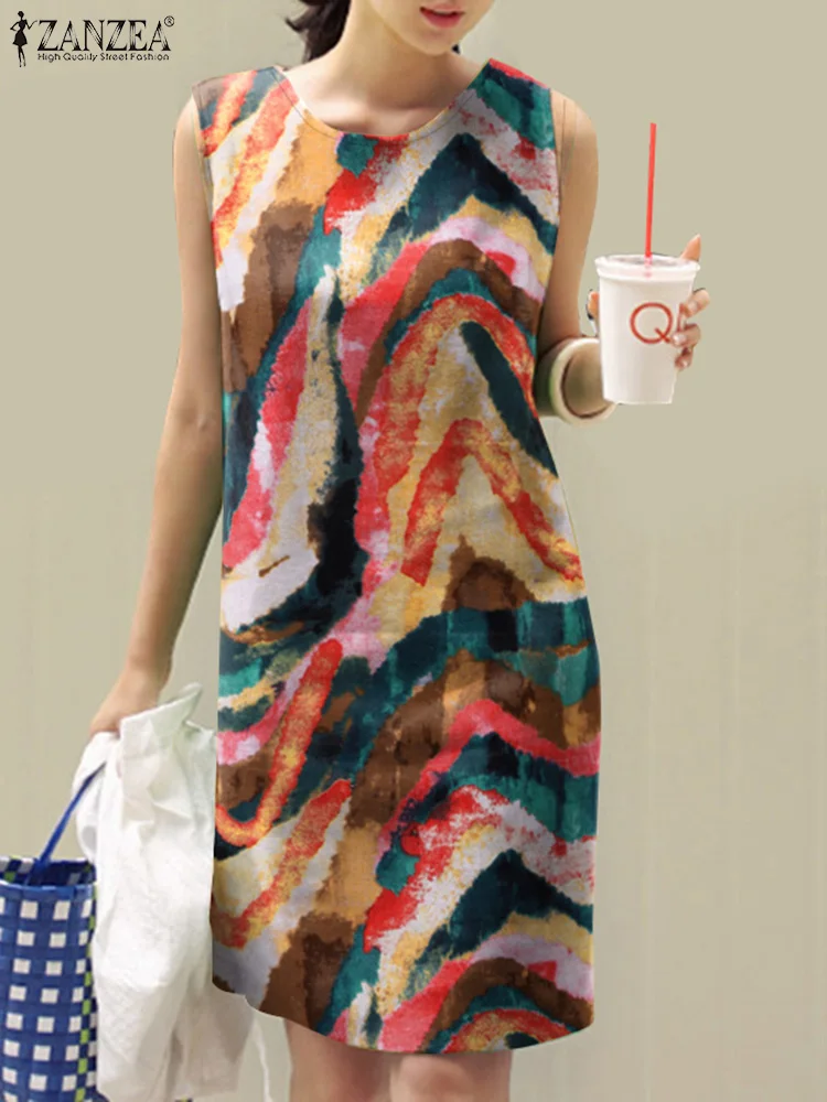 ZANZEA Fashion Printing Knee-length Dress Women 2024 Summer Casual O Neck Sleeveless Tank Vestidos Holiday Cotton Sundress