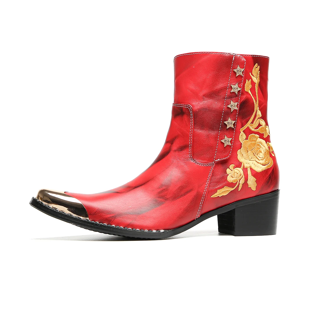 Herbst-Winter-Neue rote bestickte Stiefeletten für Herren, coole Metallkappe mit Nieten, Retro-Muster, seitlicher Reißverschluss, klobiger Absatz, modisch – Detail 10