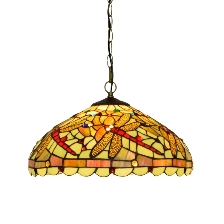 16 Inch Retro Tiffany Pendant Light Fixture Yellow Green Dragonfly Stained Glass Hanging Lamp For Dining Room Bedroom Livingroom