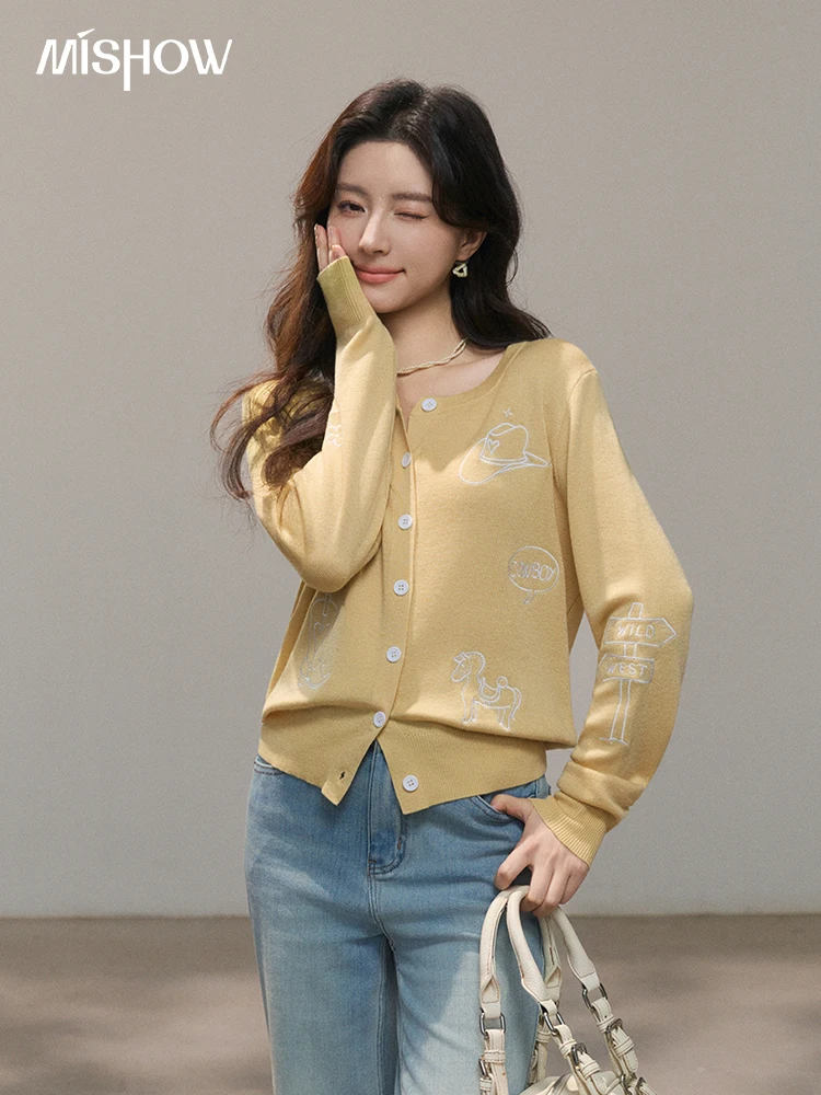 

MISHOW Women's Embroidered Button Up Cardigan 2026 Spring Wool Blend Round Neck Sweater Casual Loose Yellow Knit Top MXF13Z3042
