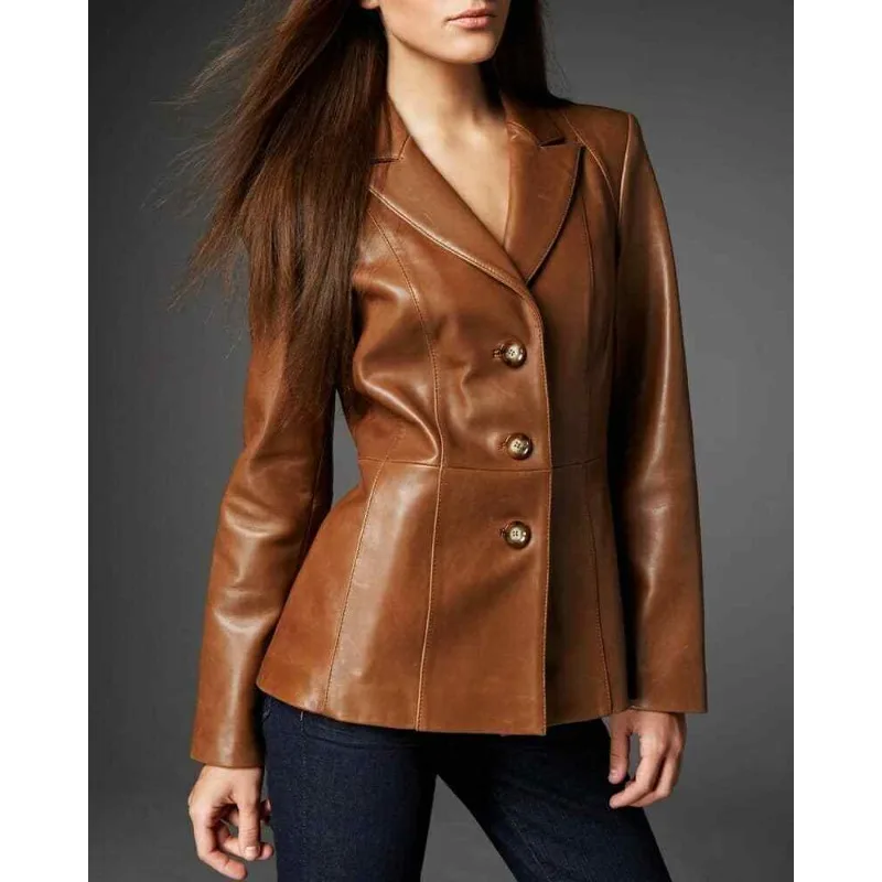 Women\'s Genuine Lambskin Leather Blazer Hot Jacket Slim Fit Designer Brown Coat