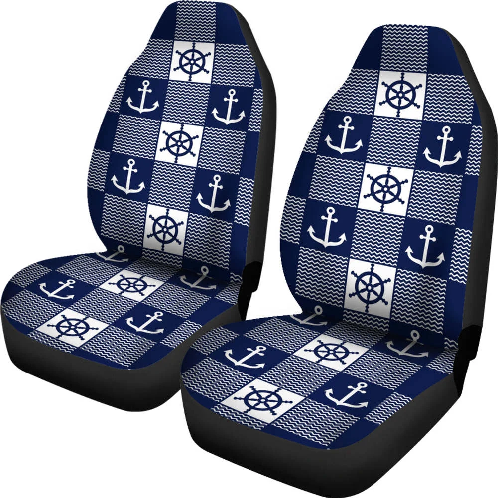 Navy Blue and White Nautical and Chevron Pattern Patchwork Car Seat Co,Pack of 2 Universal Front Seat Protective Cover