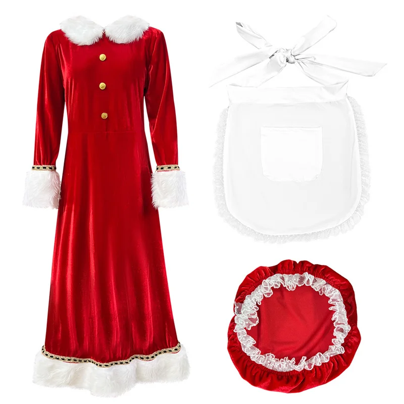 2025 Christmas Costume Women's Feather Dress Party Outfit Cosplay Mrs. Stretch Velvet Dress with Apron and Hat Christmas Santa