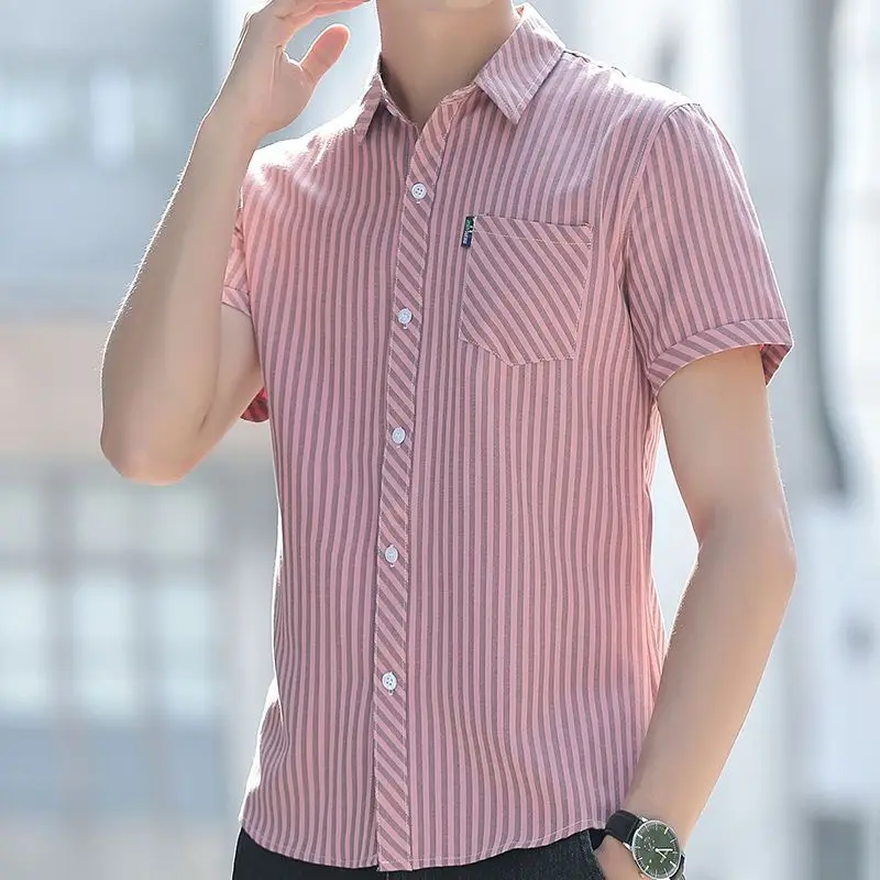 Spring Summer Thin Men's Clothing Office Short Sleeve Button Simplicity Striped Formal Printing Business Casual Fashion Shirts