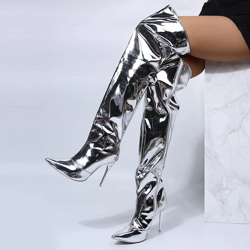 Over The Knee Long Boots Women Mirror Platform Pointy Toe Punk High Thin Heels Boots Autumn Winter Zip Silver Casual Party Shoes