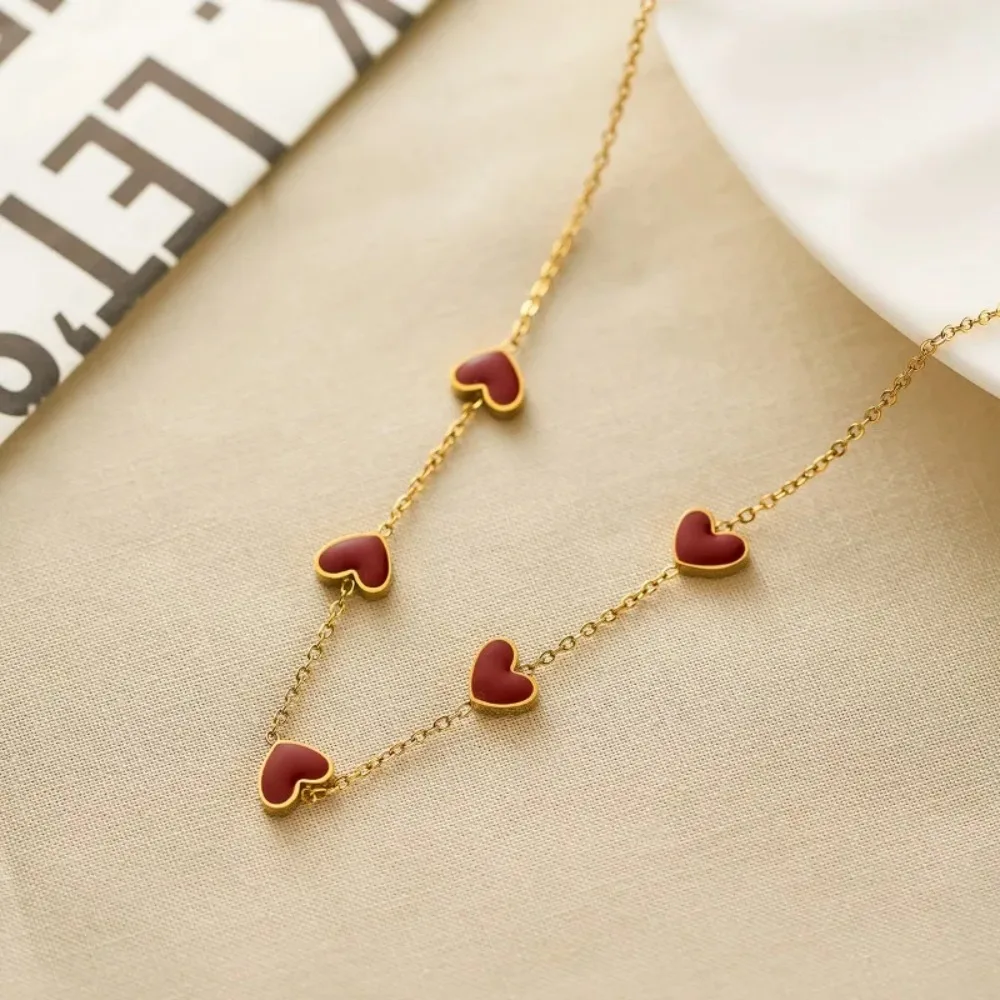 Cute Gold Color Stainless Steel Red Multi-heart-shaped Three-dimensional Pendant Necklace for Women Collar Jewelry Engagement