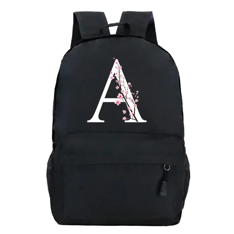 Youth School Backpacks Sakura Flower A-Z Alphabet Large Capacity Canvas Harajuku Fashion Zipper Aesthetic Shoulders Black Bags