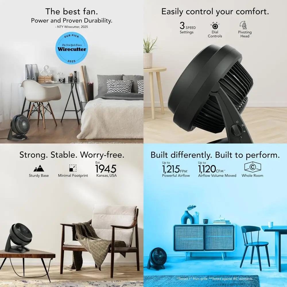 

Вентилятор-циркулятор воздуха среднего размера, 3 скорости, регулируемый наклон, бесшумная работа для спален, черный