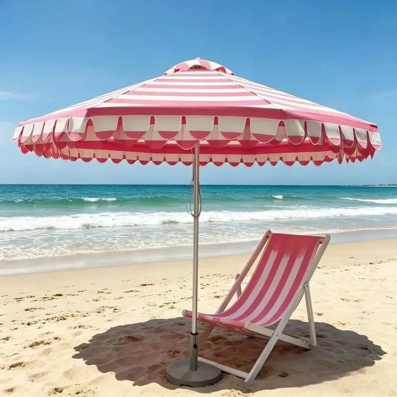 300D Waterproof Striped Beach Umbrella UPF50 Sun Protection Aluminum Rod Wavy Edge Outdoor Courtyard Garden Parasol