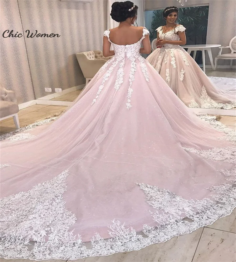 

Luxurious Pink Wedding Dress Cap Sleeves Appliques Lace Vestio Novias Princes Bridal Gown Sparkly Shinny Bride Dress Customized