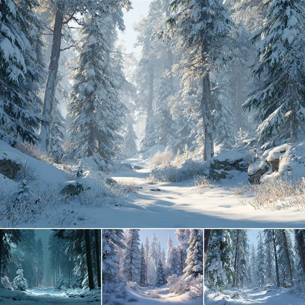 

MOON.QG Background Christmas Misty Woodland Pine Snowy Paths Backdrops For Photography Portrait Birthday Poster Studio Photo