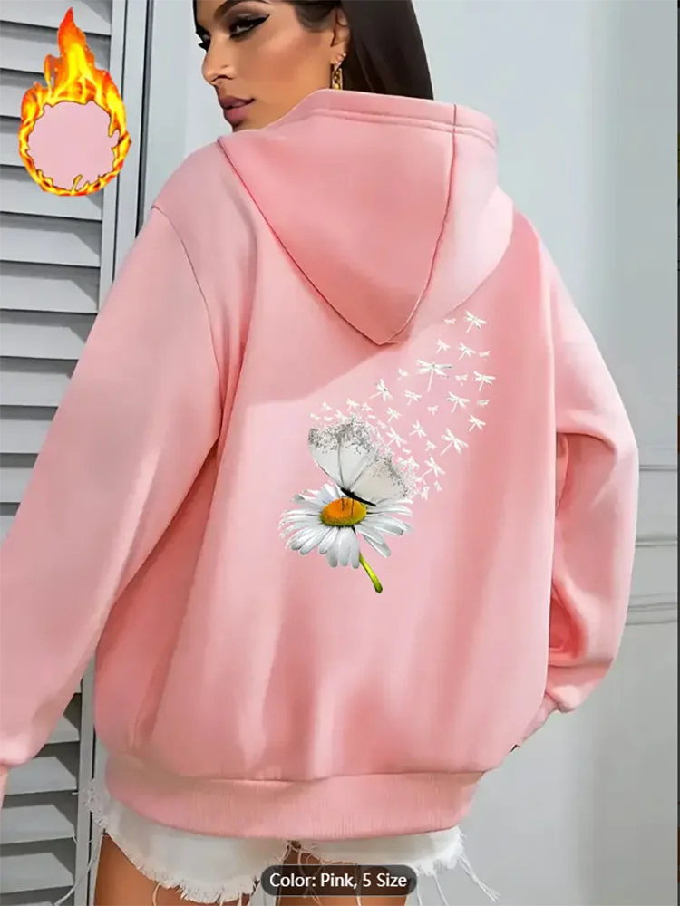 

Womens Hoodie Daisy Butterfly Dragonfly Graphic Print Fleece Lined Casual Oversized Drawstring Hooded Sweatshirt Pure Cotton