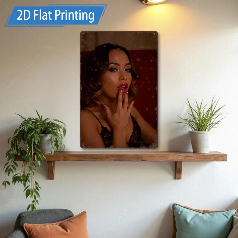 ป้ายโลหะ 1 ชิ้น, 4x16 นิ้ว "ศิลปะบนผนังการพิมพ์แบบแบน 2 มิติที่ทันสมัย: ผู้หญิงที่สง่างามในสีดํา, ตกแต่งห้องนั่งเล่น"
