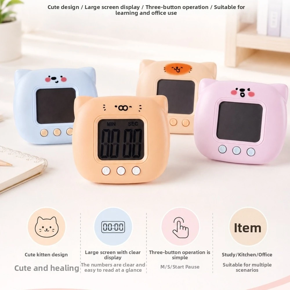 Cartoon Cat Digital Kitchen Timer Magnetic Stand Large LCD Screen Electronic Timer Count Up Down Digital Visual Clock Cooking