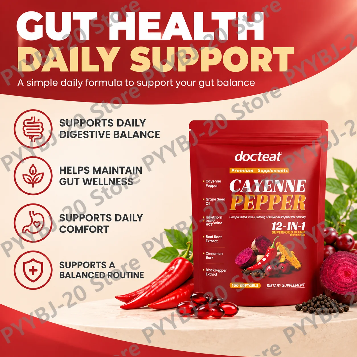 Docteat Cayenne Pepper Softgels with Vitamins D3 K2 and E, Daily Supports Metabolism and Digestive Support, 180 Softgels