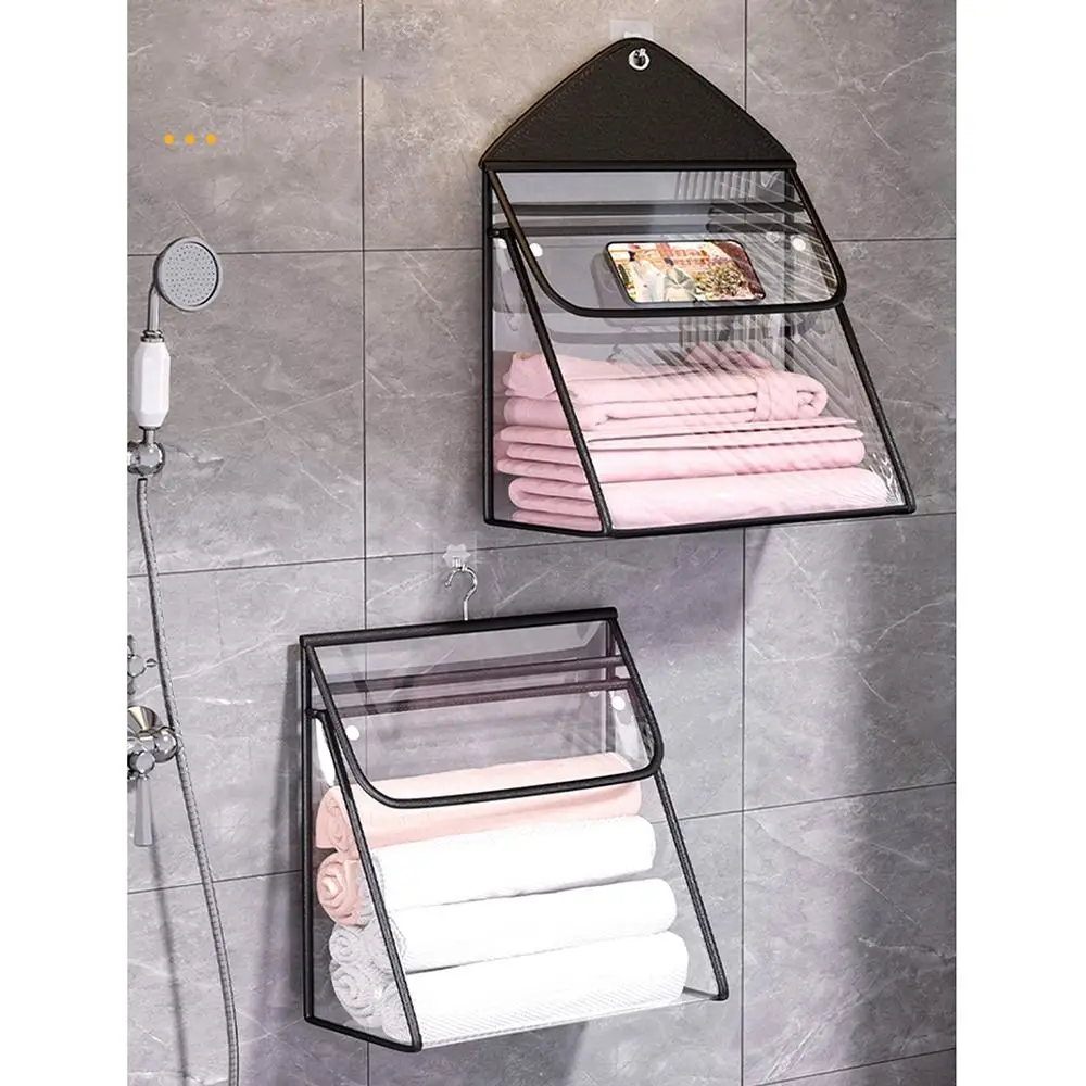 Foldable Hanging Bathroom Storage Bag Wall Mounted Phone Holder Transparent Toiletry Organizer Large Capacity Space Saving