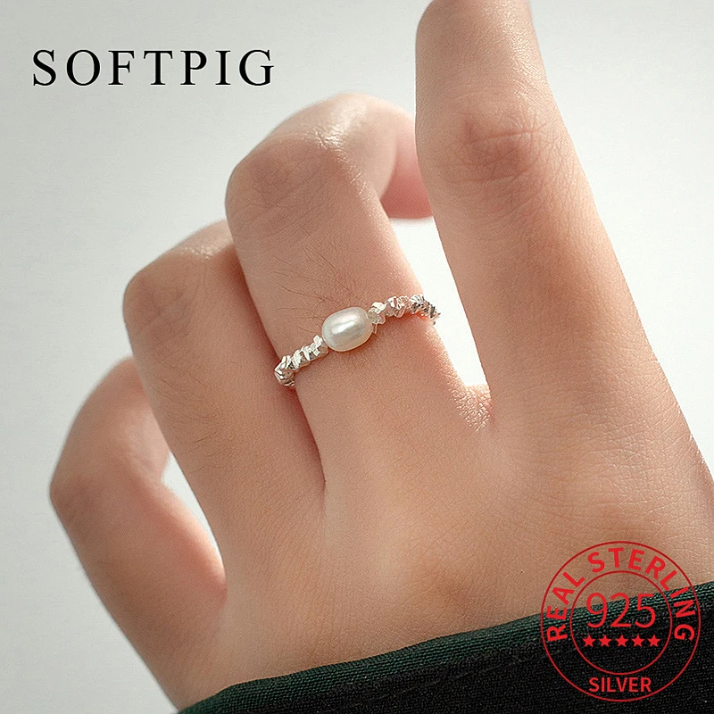 

SOFTPIG Real 925 Sterling Silver Pearl Geometric Adjustable Ring for Women Classic Fine Jewelry Minimalist Accessories